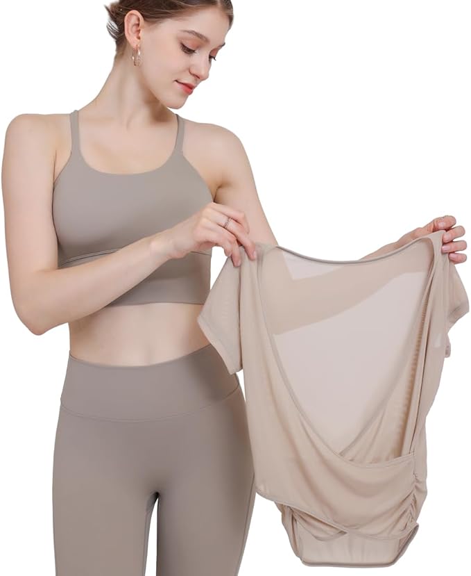 Harssidanzar Yoga Short Sleeve Two-piece set for Women Mesh Gym Athletic Tops Workout Shirts with Sports Bra CL305US