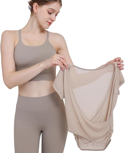 Harssidanzar Yoga Short Sleeve Two-piece set for Women Mesh Gym Athletic Tops Workout Shirts with Sports Bra CL305US