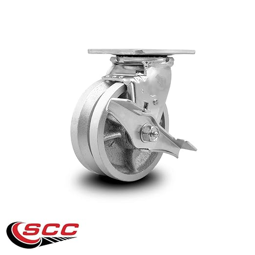 V Groove Semi Steel Cast Iron Swivel Top Plate Heavy Duty Caster with 5 Inch Wheel and Top Lock Brake – 1,100 lbs. Capacity/Caster - Service Caster Brand