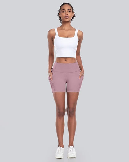 CHRLEISURE Womens Biker Yoga Shorts with Pockets: High Waisted Tummy Control Spandex Workout Athletic Gym Shorts 4 Packs