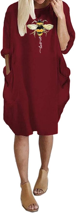 Womens I'm Mostly Peace Love and Light and A Little Go Print Long Sleeve Loose Pocket Oversize Tunic Dress