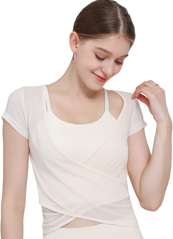 Harssidanzar Yoga Short Sleeve Two-piece set for Women Mesh Gym Athletic Tops Workout Shirts with Sports Bra CL305US