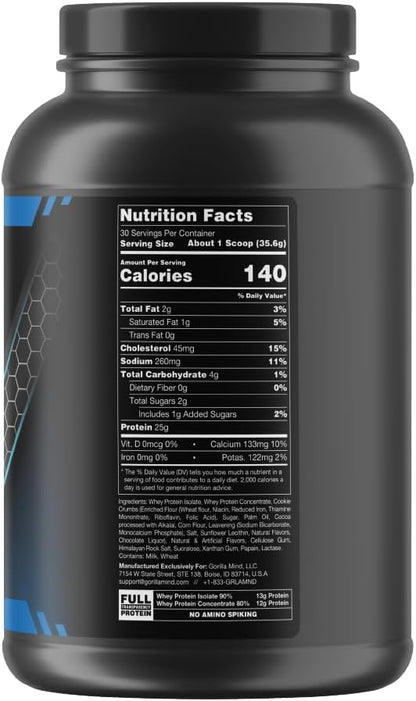 Gorilla Mind Premium Whey Protein - Cookies and Cream, 25 Grams of Whey Protein Isolate & Concentrate,Recover and Build Muscle (30 Servings)
