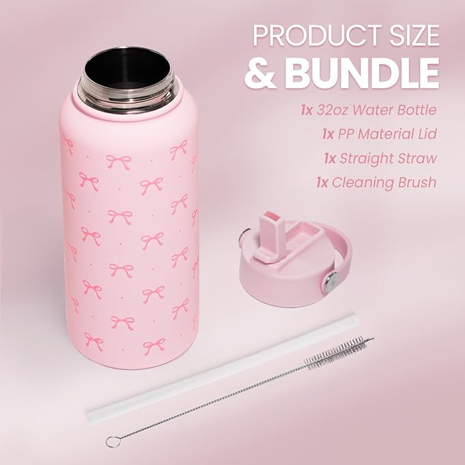 SANDJEST Pink Bow Water Bottle Stainless Steel Insulated Vacuum 32oz with Lid, Gifts for Women Girls Teens Birthday Christmas