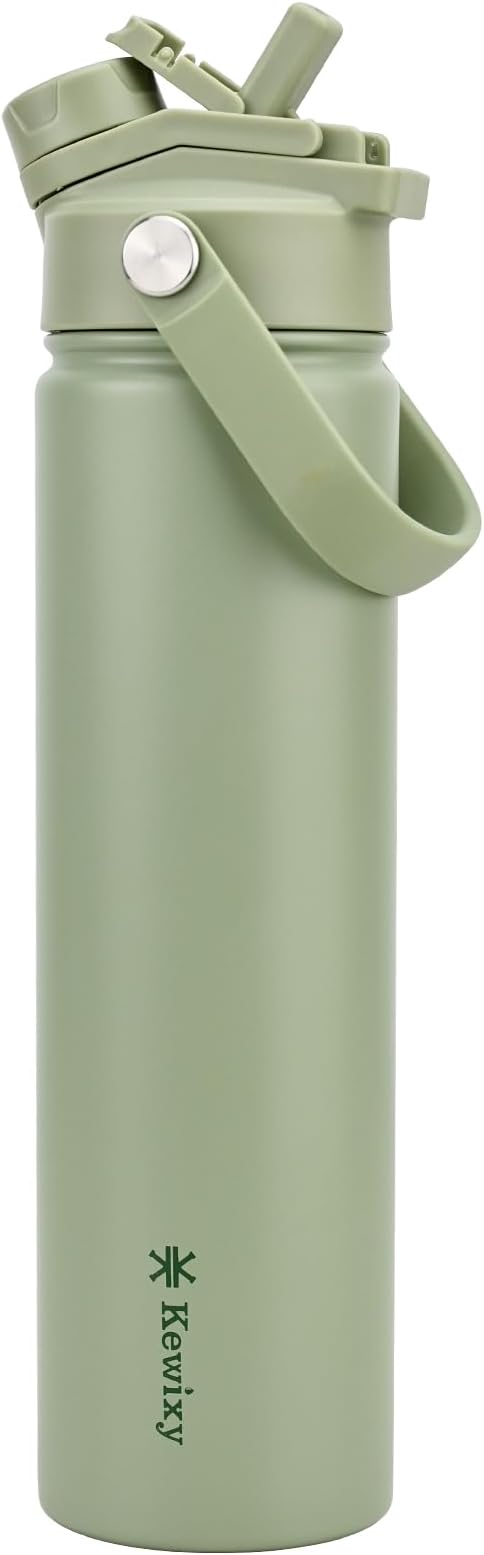 24 oz Insulated Water Bottle, 2-in-1 Lid, Straw & Spout with Protected, Leak Proof, Keep Cold, Stainless Steel, Metal, Reusable, Handle, for Travel, Gym and School, 2 Lids, Sage Green