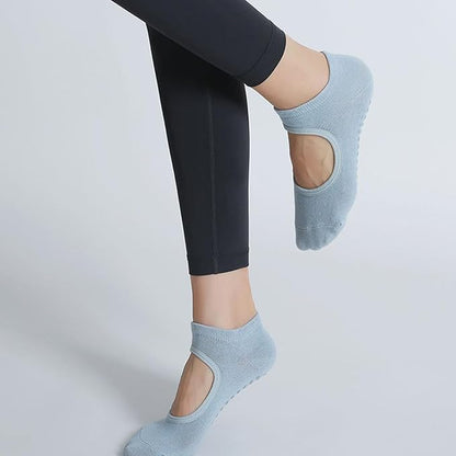 CHUNFO Grip Socks Womens Pilates Yoga Barre Non Slip Stripes Cotton Ankle Anti-Skid Sock Size 5-10
