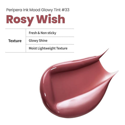 Peripera Ink Mood Glowy Tint | Lip-Plumping, Naturally Moisturizing, Lightweight, Glow-Boosting, Long-Lasting, Comfortable, Non-Sticky, Mask Friendly, No White Film 033 ROSY WISH