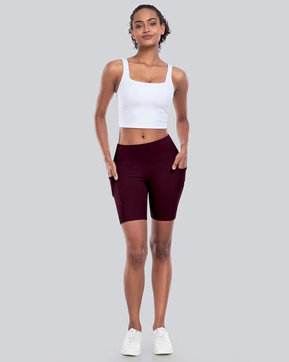 CHRLEISURE Womens Biker Yoga Shorts with Pockets: High Waisted Tummy Control Spandex Workout Athletic Gym Shorts 4 Packs