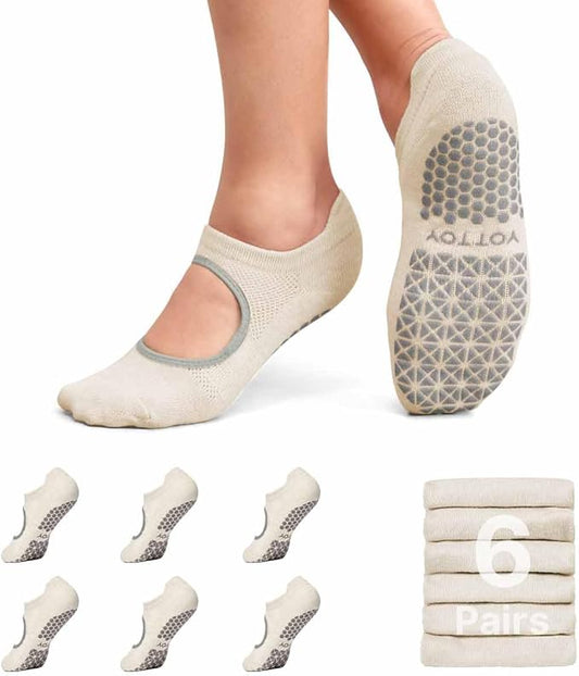 YOTTOY Pilates Socks for Women(6 Pairs)–Breathable, Grip-Enhanced Non-Slip Yoga Socks, Durable & Perfect for Home Workouts