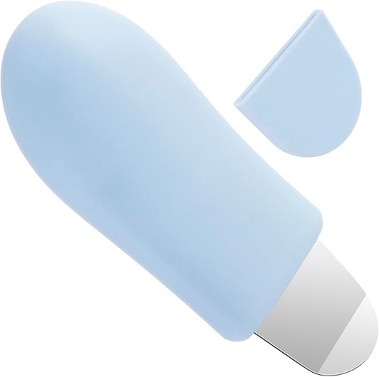 Manual Face Spatula, Metal Facial Scraper with Silicone Lid for Men & Women, Reusable Face Scrubber for Dry Oily Skin- Blue