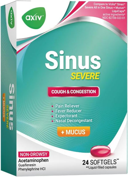 AXIV Sinus Severe + Mucus Relief, Non-Drowsy, Loosens Mucus, Maximum Strength Relief of Pain, Pressure, Congestion, & Headache Ease, 24 Softgels.