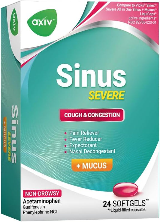 AXIV Sinus Severe + Mucus Relief, Non-Drowsy, Loosens Mucus, Maximum Strength Relief of Pain, Pressure, Congestion, & Headache Ease, 24 Softgels.