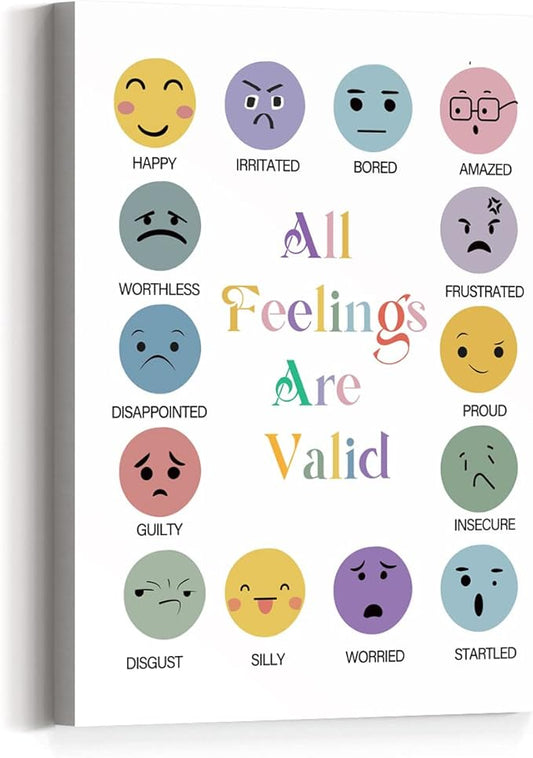 All Feelings Are Valid Canvas Wall Art,Feelings Chart Canvas Framed Wall Art Painting Ready to Hang for Nursery/Kids Playroom/Classroom Decor,Motivational Quotes Gifts for Teens Kids (12 x 15 Inch)