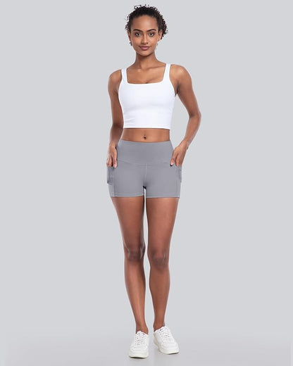 CHRLEISURE Womens Biker Yoga Shorts with Pockets: High Waisted Tummy Control Spandex Workout Athletic Gym Shorts 4 Packs