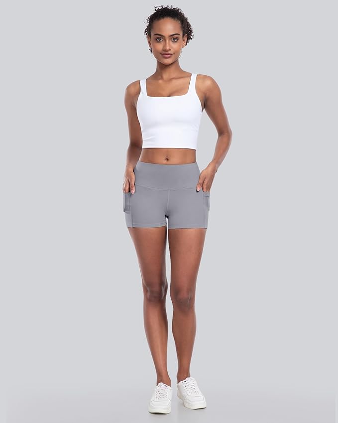 CHRLEISURE Womens Biker Yoga Shorts with Pockets: High Waisted Tummy Control Spandex Workout Athletic Gym Shorts 4 Packs