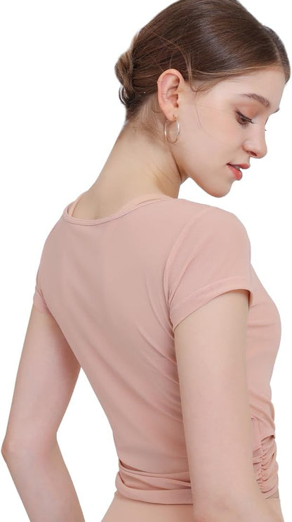 Harssidanzar Yoga Short Sleeve Two-piece set for Women Mesh Gym Athletic Tops Workout Shirts with Sports Bra CL305US