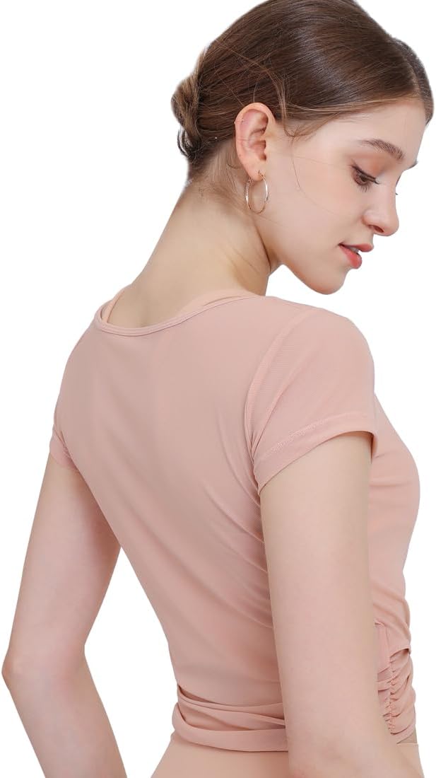 Harssidanzar Yoga Short Sleeve Two-piece set for Women Mesh Gym Athletic Tops Workout Shirts with Sports Bra CL305US