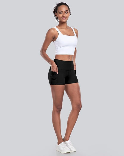 CHRLEISURE Womens Biker Yoga Shorts with Pockets: High Waisted Tummy Control Spandex Workout Athletic Gym Shorts 4 Packs
