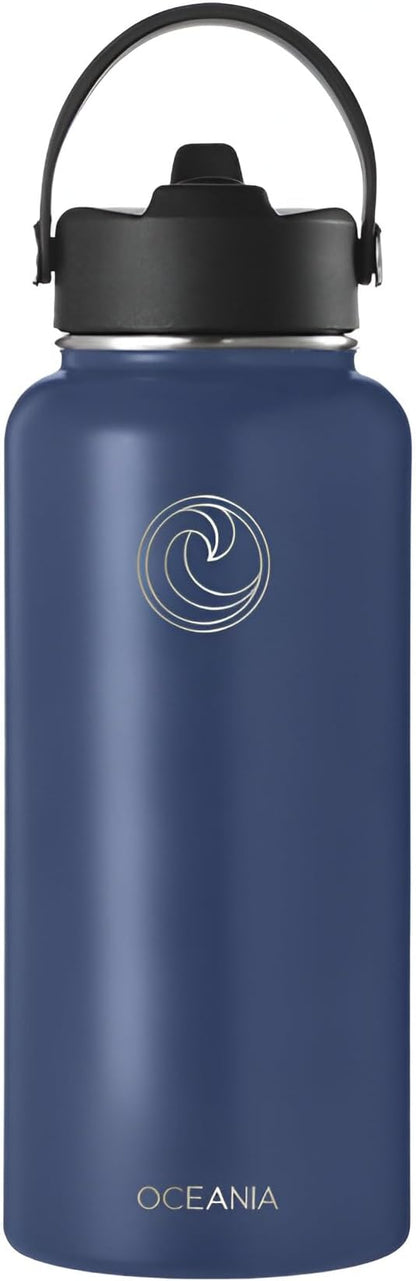 Oceania Flask 32oz Stainless Steel Water Bottles | Modern, Leakproof, Hydro BPA-Free, Insulated Water Bottle with 3 Lids, 3 Straws & 2 Straw Cleaning Brushes | Simple Camping & Hiking Water Bottles