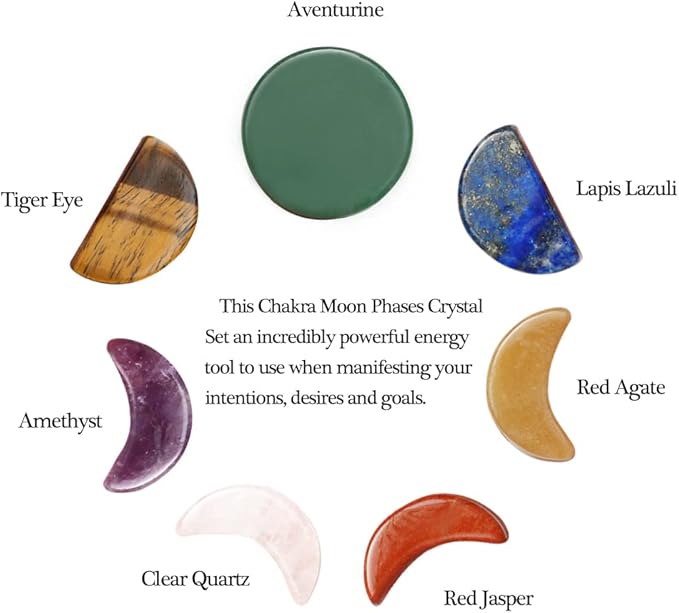 7 Chakra Stones Set Moon Phase Carved - Natural Gemstone Reiki Healing Crystal Quartz for Meditation, Healing, Collectable