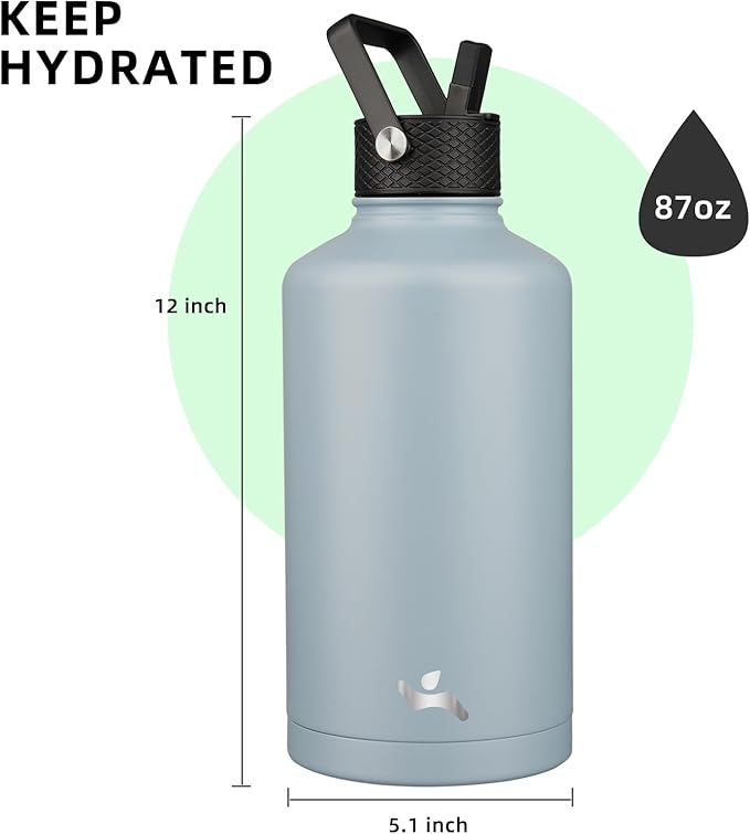 Insulated Water Bottle with Straw,87 oz 3 Lids Water Jug with Carrying Bag,Paracord Handle,Double Wall Vacuum Stainless Steel Metal Flask,Storm Blue