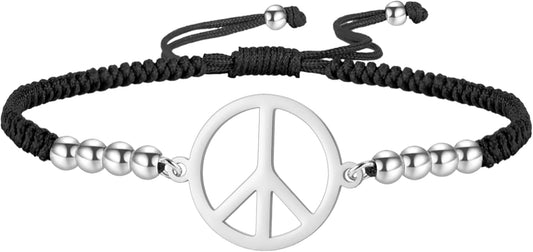 LIKGREAT Peace Adjustable Beaded Bracelet Peace Sign Symbol Pendant Handmade Braided Wax Cords Bracelet for Women