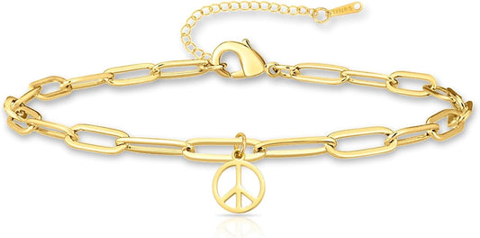 VASSAGO Peace Sign Bracelet Anklet for Women Men Love Peace Sign Symbol Stainless Steel Dainty Paperclip Chain Bracelets 1960s 1970s Hippie Party Dressing Accessories Jewelry