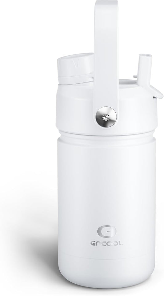 Kids Insualated Water Bottle with Straw - 12oz Stainless Steel Water Bottle with Dual Spouts, Leak-Proof, BPA-Free, Double Wall Vacuum Keeps Cold for 24 Hours for Sports, Travel, School (Polar White)