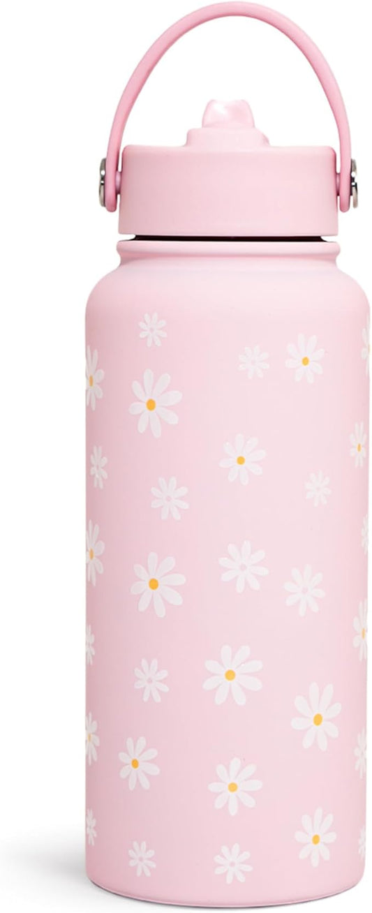 SANDJEST Daisy Water Bottle Stainless Steel 32oz Insulated with Lid, Flower Water Bottles Gifts for Women Girls Friends Teens Birthday Christmas