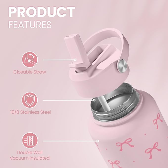 SANDJEST Pink Bow Water Bottle Stainless Steel Insulated Vacuum 32oz with Lid, Gifts for Women Girls Teens Birthday Christmas