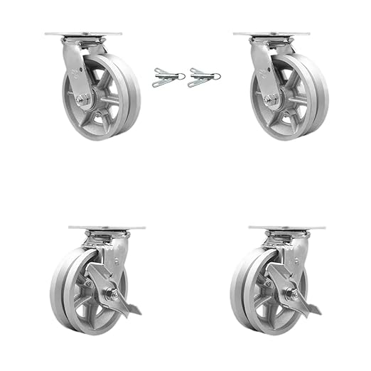 Service Caster Brand Heavy Duty Cast Iron Swivel Top Plate Casters Set of 4 - 6 Inch Wheels with Bolt on Swivel Locks and Brakes
