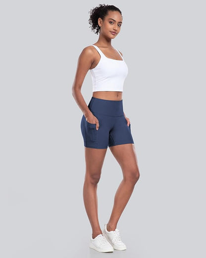 CHRLEISURE Womens Biker Yoga Shorts with Pockets: High Waisted Tummy Control Spandex Workout Athletic Gym Shorts 4 Packs