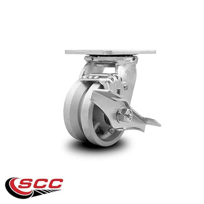 V Groove Semi Steel Cast Iron Swivel Top Plate Heavy Duty Caster with 4 Inch Wheel and Top Lock Brake – 800 lbs. Capacity/Caster - Service Caster Brand