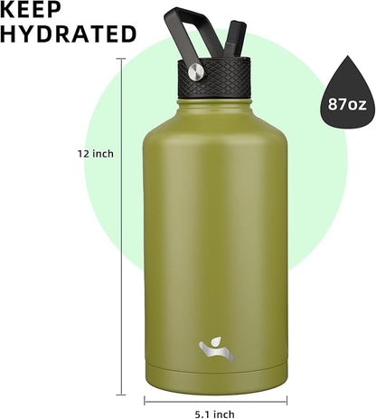 Insulated Water Bottle with Straw,87 oz 3 Lids Water Jug with Carrying Bag,Paracord Handle,Double Wall Vacuum Stainless Steel Metal Flask,Forest Green
