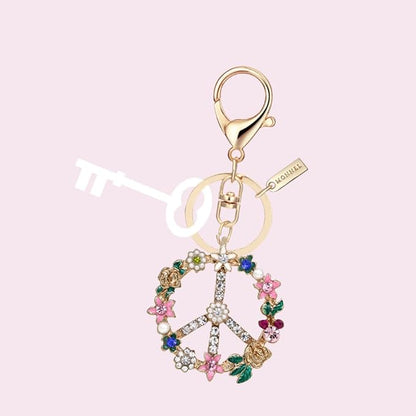 Bling Crystal Flower Peace Sign Key Ring Creative Packaging with Velvet Bag MZ843-1