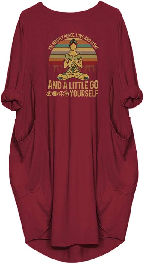 Womens I'm Mostly Peace Love and Light and A Little Go Print Long Sleeve Loose Pocket Oversize Tunic Dress