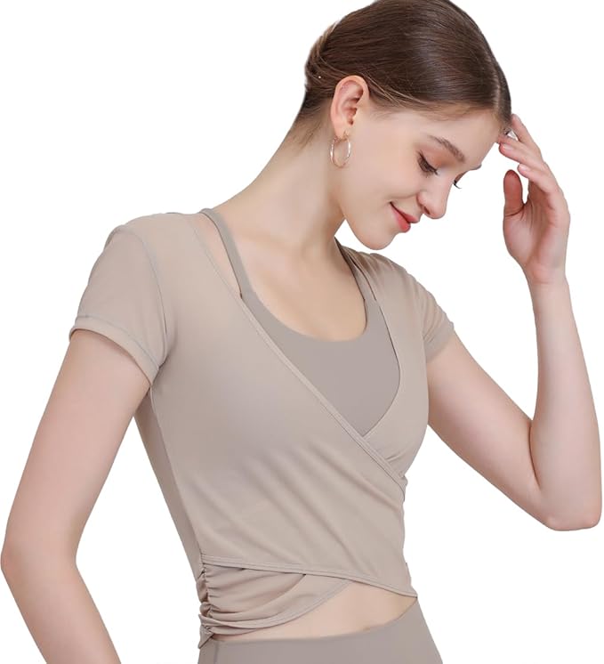 Harssidanzar Yoga Short Sleeve Two-piece set for Women Mesh Gym Athletic Tops Workout Shirts with Sports Bra CL305US