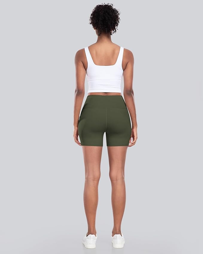 CHRLEISURE Womens Biker Yoga Shorts with Pockets: High Waisted Tummy Control Spandex Workout Athletic Gym Shorts 4 Packs