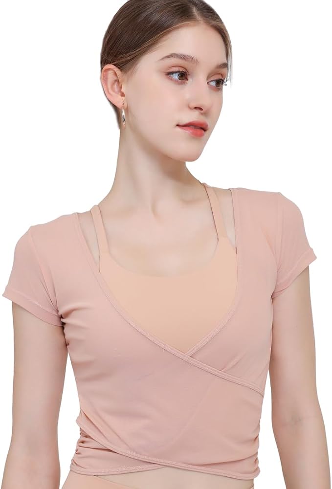 Harssidanzar Yoga Short Sleeve Two-piece set for Women Mesh Gym Athletic Tops Workout Shirts with Sports Bra CL305US