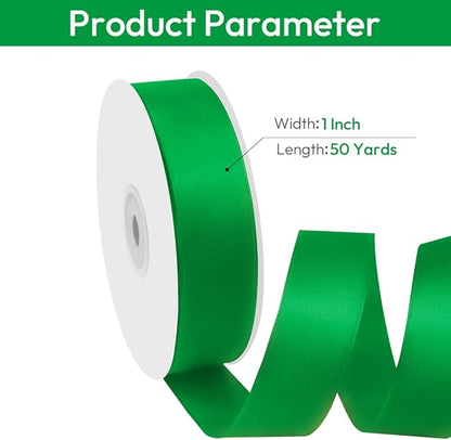 1" Width x 50 Yards Satin Fabric Ribbon, Green Ribbon Perfect for DIY Bows, Swags, Gift Wrapping, Craft, Flower Bouquet，Christmas and Party Decoration