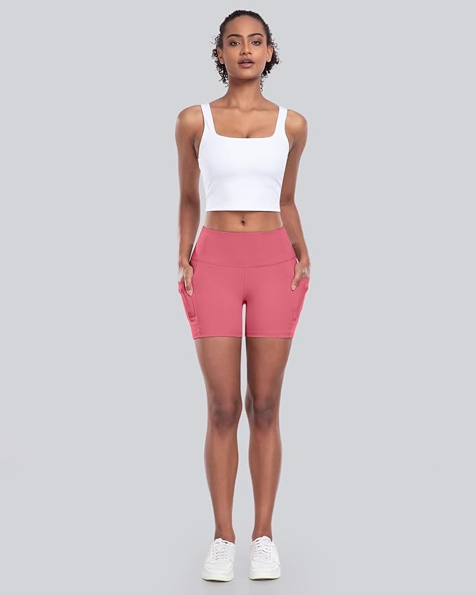 CHRLEISURE Womens Biker Yoga Shorts with Pockets: High Waisted Tummy Control Spandex Workout Athletic Gym Shorts 4 Packs