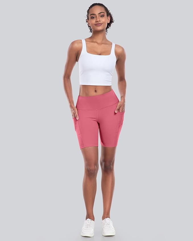 CHRLEISURE Womens Biker Yoga Shorts with Pockets: High Waisted Tummy Control Spandex Workout Athletic Gym Shorts 4 Packs