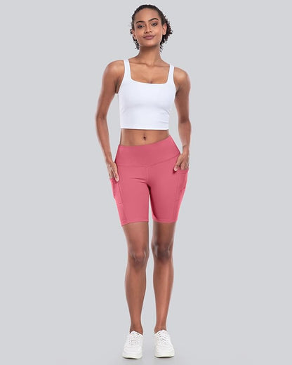 CHRLEISURE Womens Biker Yoga Shorts with Pockets: High Waisted Tummy Control Spandex Workout Athletic Gym Shorts 4 Packs