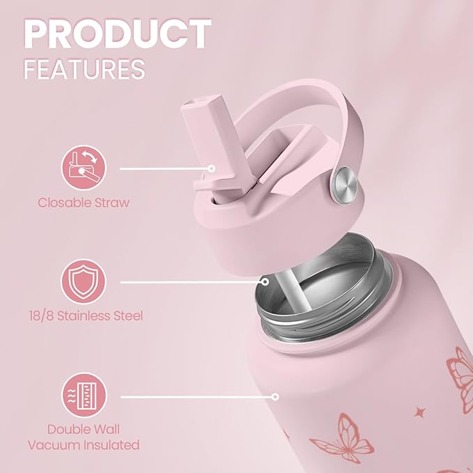 SANDJEST Butterfly Water Bottle Insulated Vacuum Stainless Steel 32oz with Lid, Gifts for Women Girls Teens Birthday Christmas