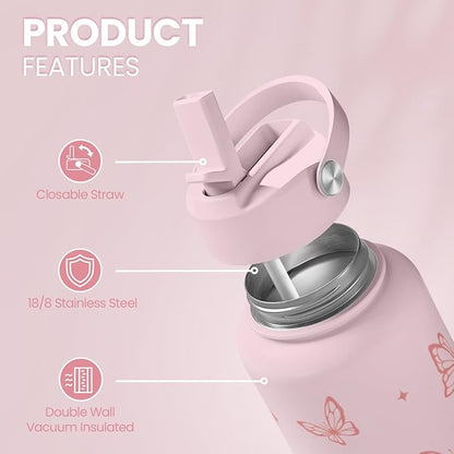 SANDJEST Butterfly Water Bottle Insulated Vacuum Stainless Steel 32oz with Lid, Gifts for Women Girls Teens Birthday Christmas
