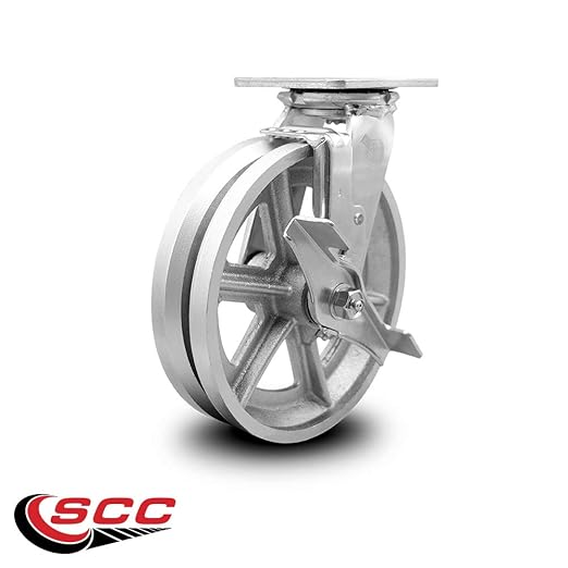 V Groove Semi Steel Cast Iron Swivel Top Plate Heavy Duty Caster with 8 Inch Wheel and Top Lock Brake – 1,250 lbs. Capacity/Caster - Service Caster Brand