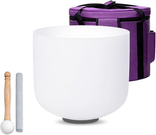 White F Note Heart Chakra 10 inch Quartz Crystal Singing Bowl, for Healing Mindfulness Meditation Yoga Sound Baths, with Case Rubber Mallet