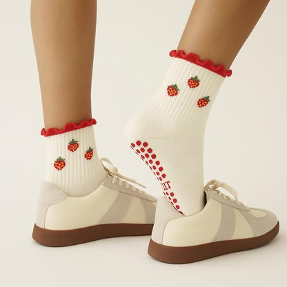 Crew Half Calf Grip Socks, Cutest Fruits Pilates Socks, Ruffle socks, Non-Slip, Barre Yoga Fitness