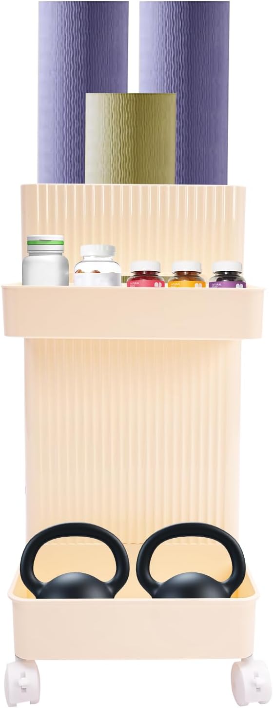 Yoga Mat Storage Rack with Wheels, Weight Cart Stand Small Gym Racks Yoga Racks, Storage Organizer Home Gym Equipment for Homes, Gyms, Schools (Creamy Yellow)