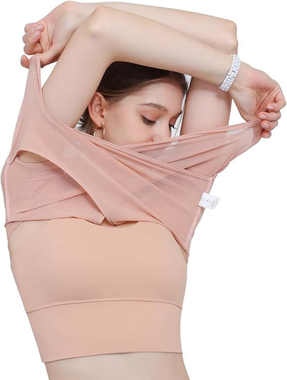 Harssidanzar Yoga Short Sleeve Two-piece set for Women Mesh Gym Athletic Tops Workout Shirts with Sports Bra CL305US